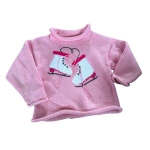 Claver pink rolled neck knit ice skates embroidered youth sweater